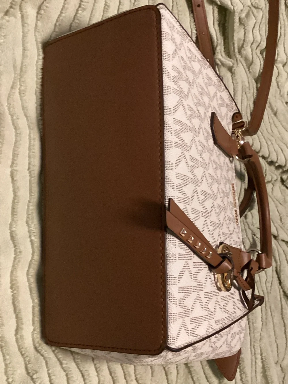 Michael Kors White & Brown Signature Satchel with Gold Hardware